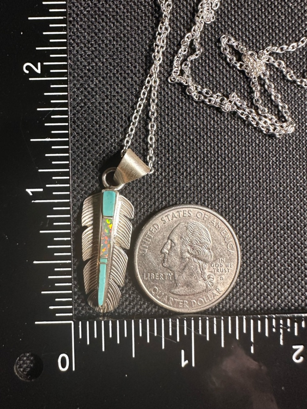 Sterling Silver Feather Pendant Necklace with Turquoise and Opal Inlay in Chain - Picture 10 of 11